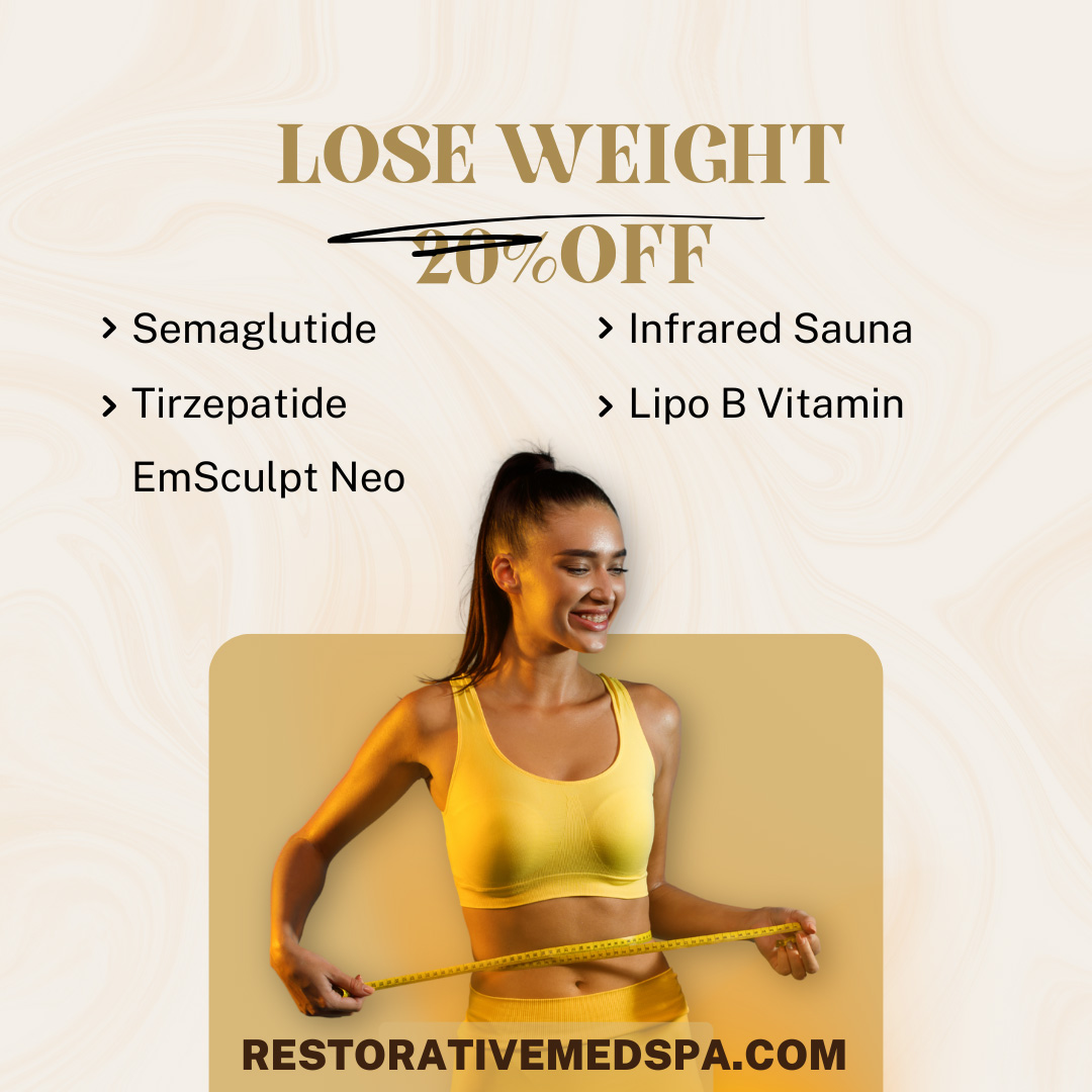 Weight loss promotion featuring fit woman measuring waist and 20% off med spa services